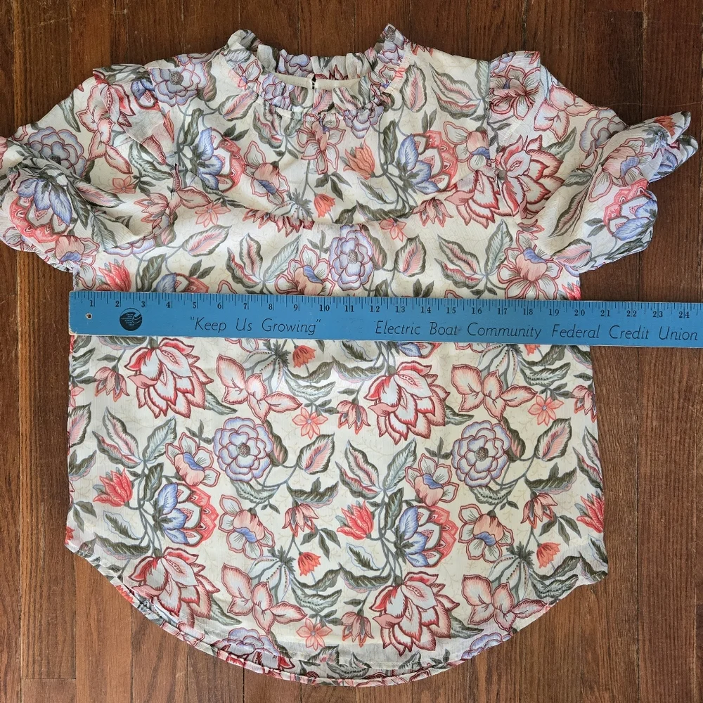 LOFT Puff Sleeve Floral Babydoll Blouse Size S Colorful Ruffle Neck Gardencore
